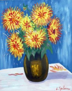 Voir le détail de cette oeuvre: bouquet de dalhia au vase marron